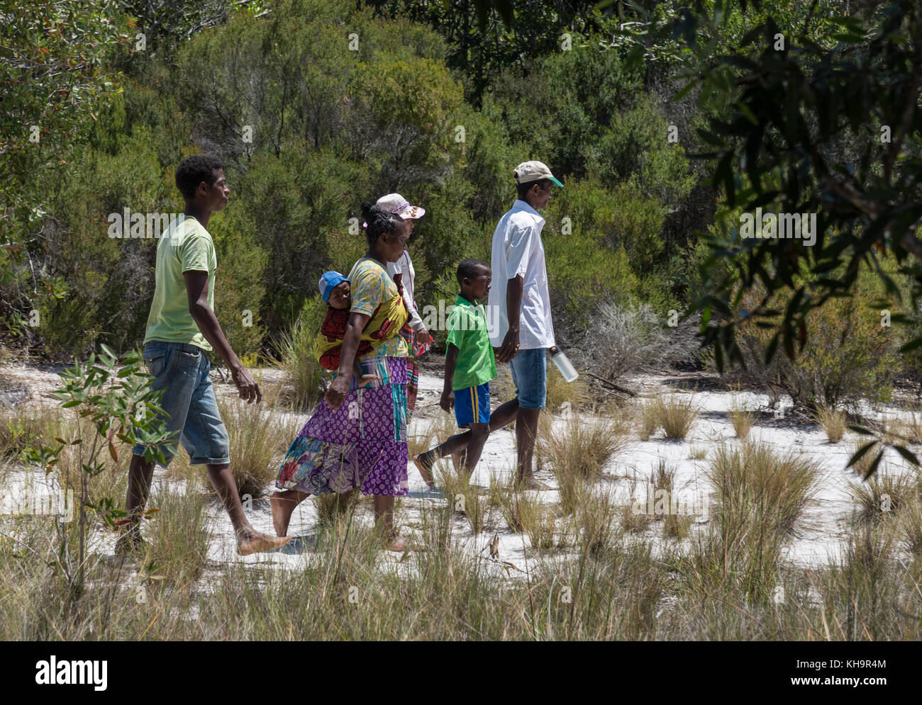 Une famille à marcher vers le lac, cérémonie de sacrifice de zébus, ampitabe toamasina, Madagascar, Afrique Banque D'Images