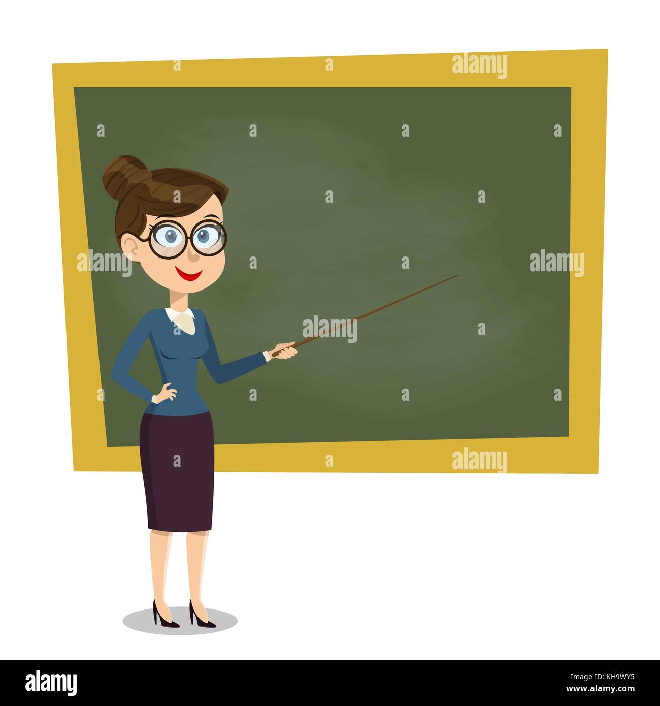 Vector cartoon female teacher avec pointeur sur tableau noir à la leçon en classe, montrant à bord. modèle en eps10. Illustration de Vecteur