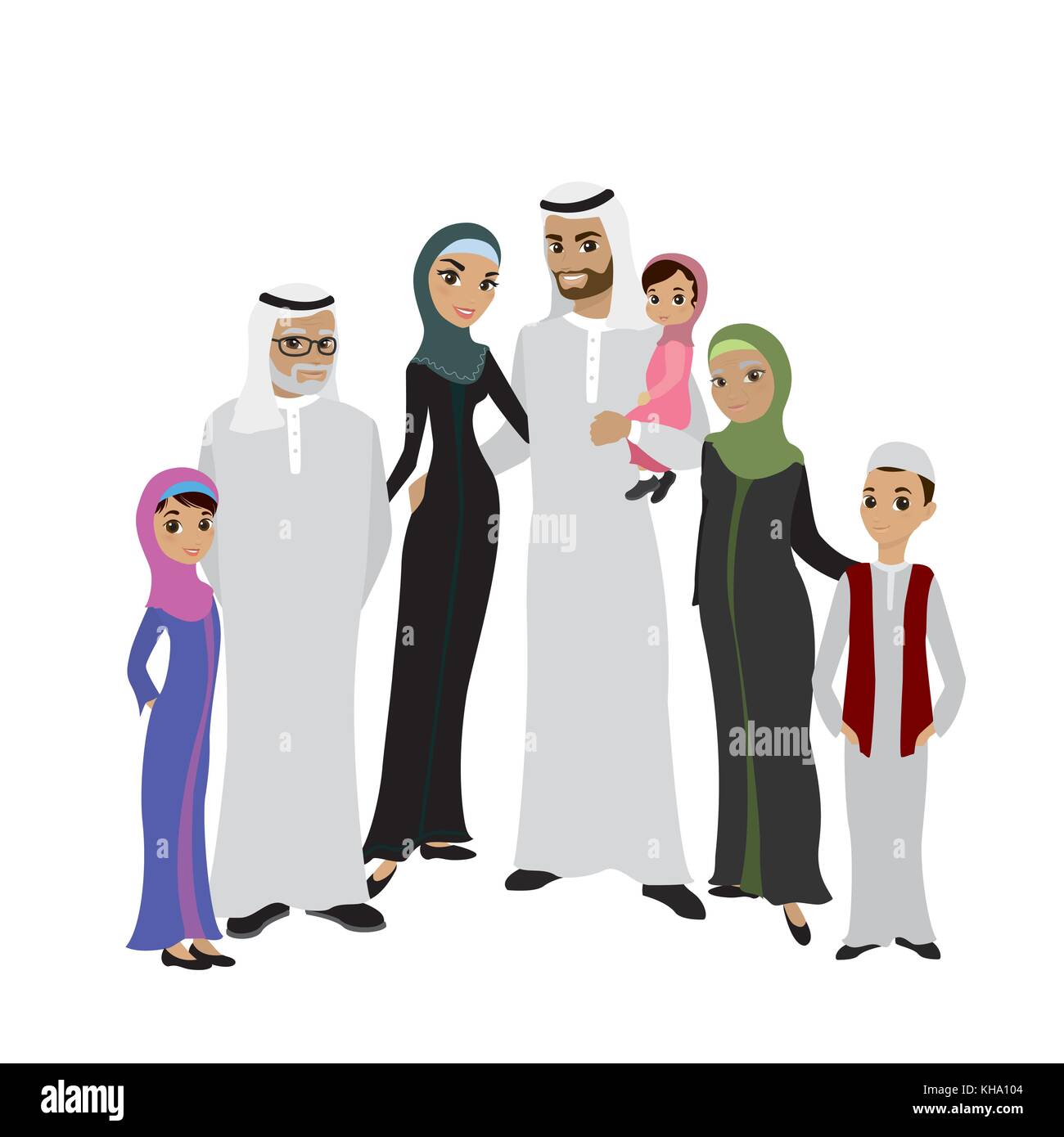 La famille arabe musulmane heureux isolé sur fond blanc dans un style plat arabe. père, mère, fils, fille, grand-mère et mon grand-père,cartoon Illustration de Vecteur