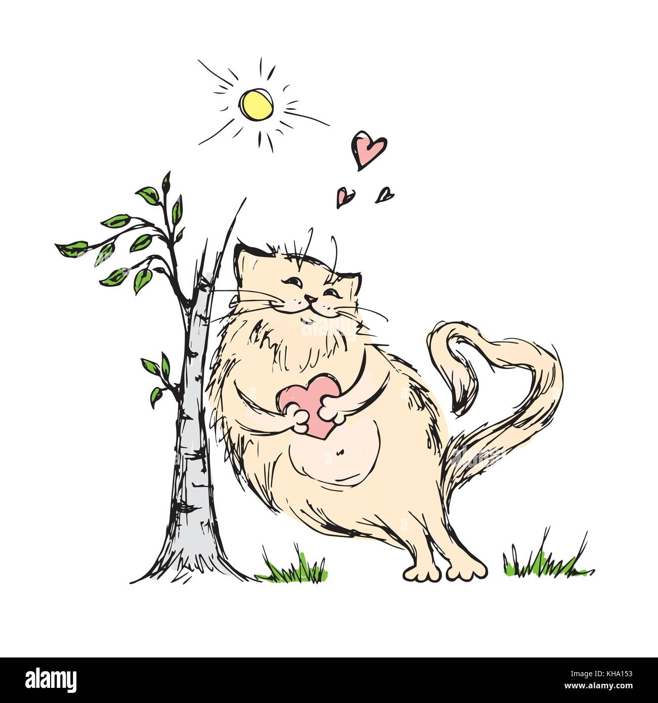 Chat mignon avec coeur près de l'arbre Illustration de Vecteur