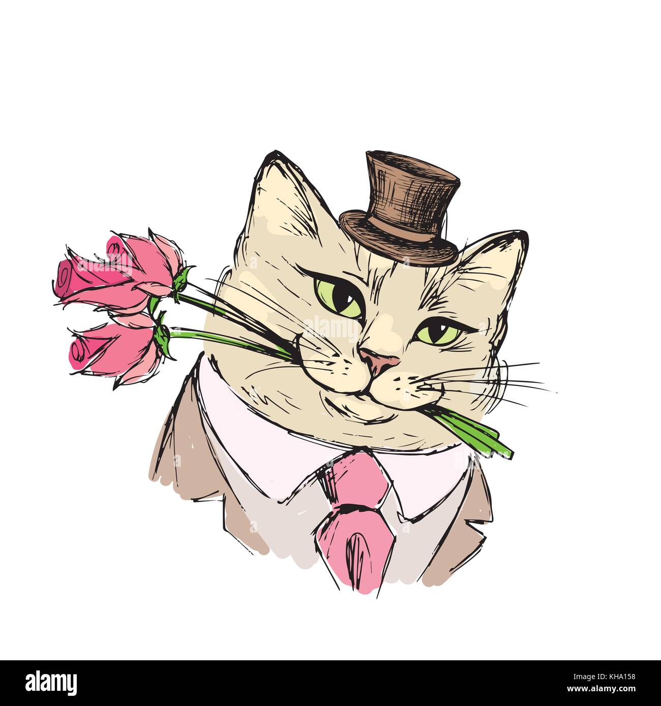 Cat monsieur avec bouquet de fleurs dans les dents Illustration de Vecteur