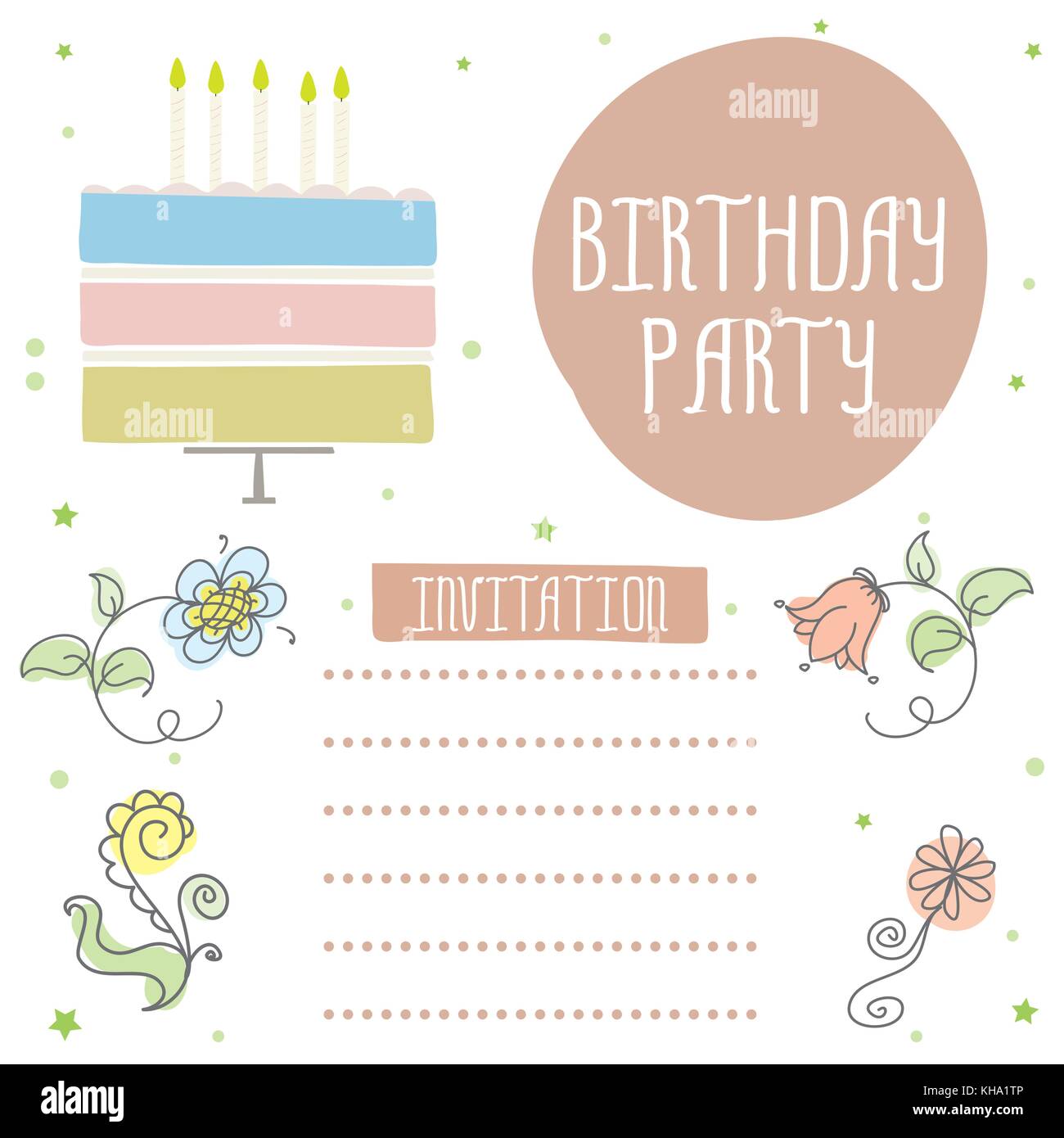 Joyeux anniversaire, jolie carte d'invitation avec gâteau, bougies et fleurs. vector illustration Illustration de Vecteur