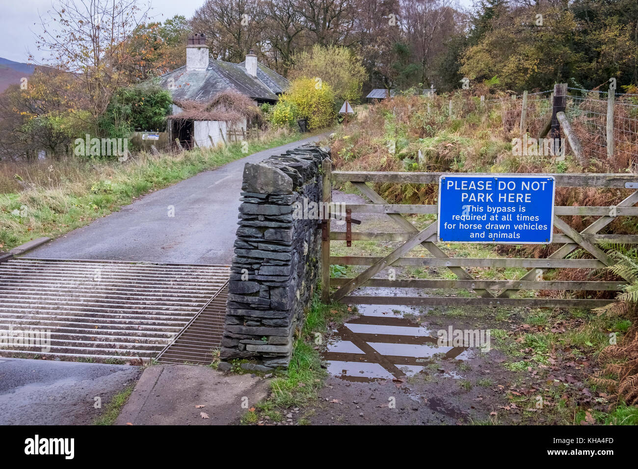 Restrictions de stationnement signe sur route étroite près de cattlegrid, Cumbria, Angleterre, Royaume-Uni Banque D'Images