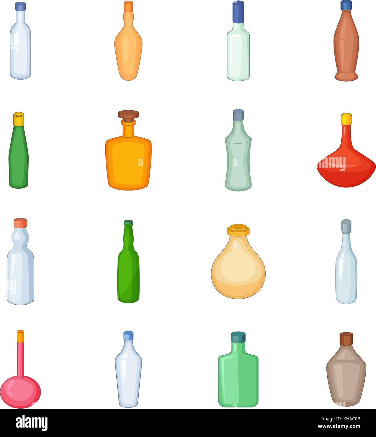 Différentes bouteilles icons set, cartoon style Illustration de Vecteur