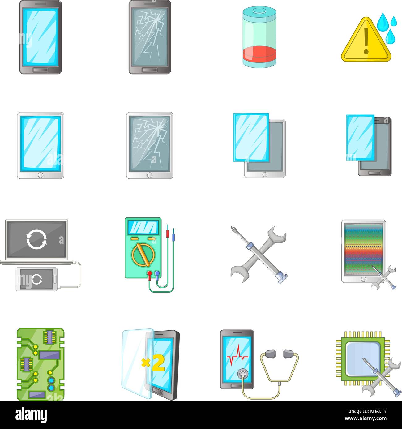 Téléphones fix broken icons set, cartoon style Illustration de Vecteur