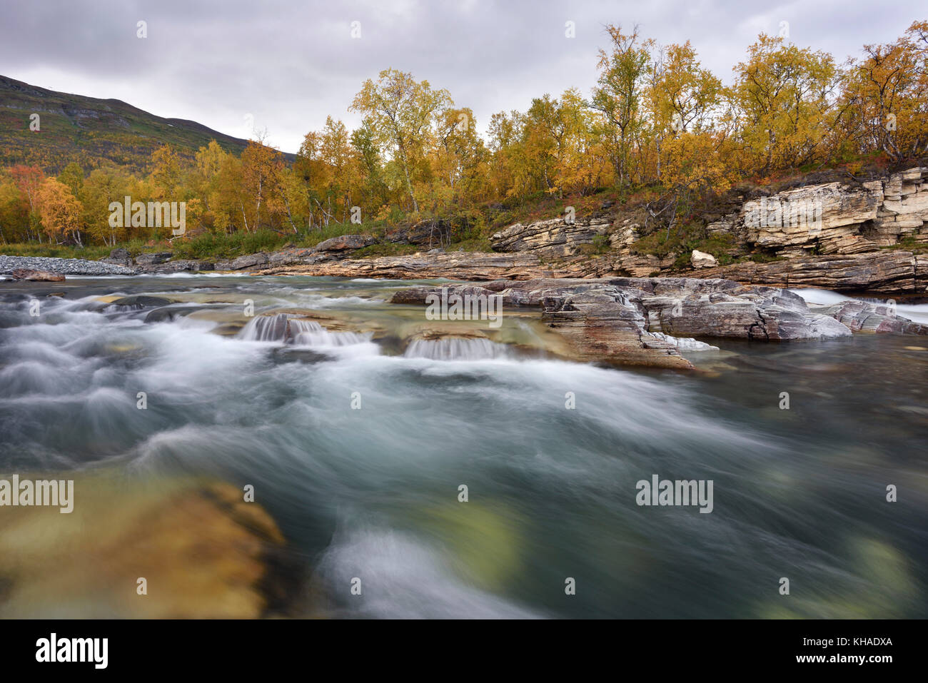 Abiskojakka la rivière coule à travers la rivière abisko canyon, rivière paysage en automne, Abisko National Park, Suède Banque D'Images