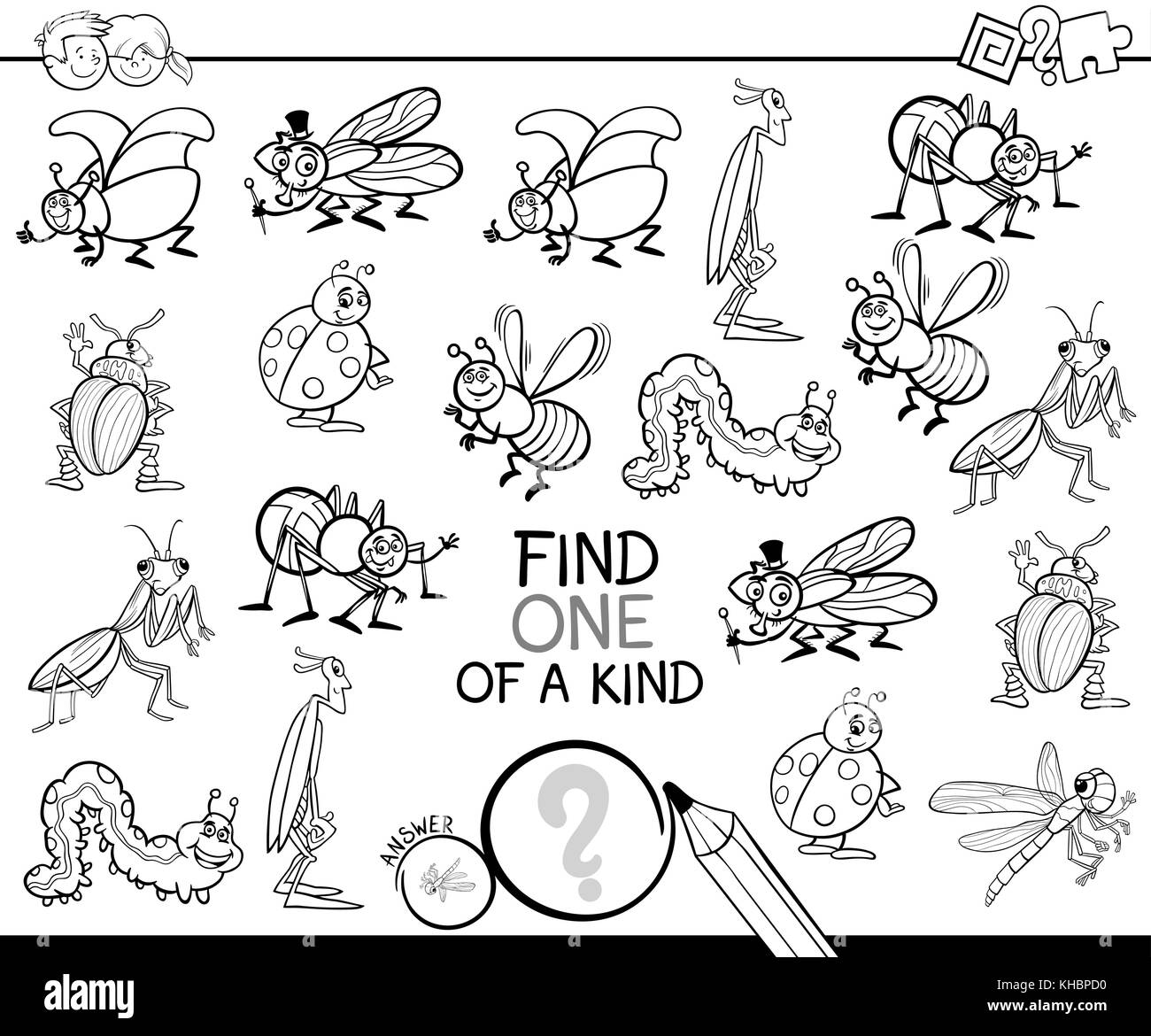 Illustration cartoon noir et blanc de trouver un d'une sorte de jeu d'activités éducatives pour les enfants avec des personnages de bande dessinée à colorier d'insectes Illustration de Vecteur