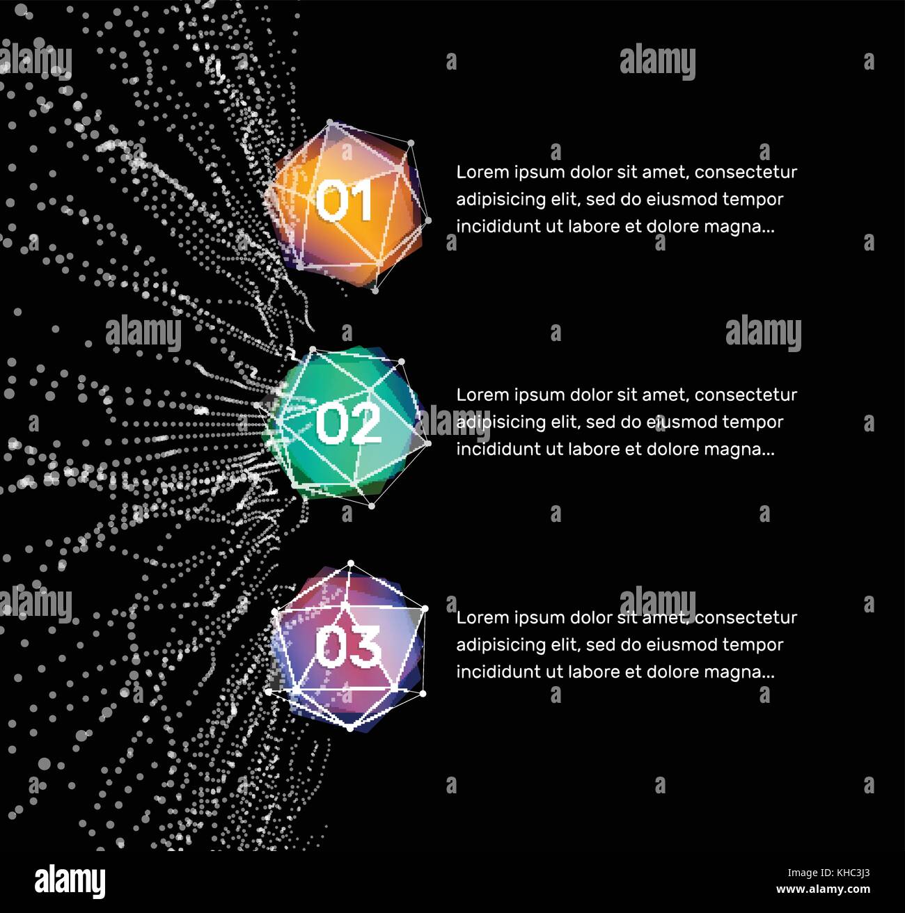 1, 2, 3 étapes, infographie abstrait. éléments tech polygonal avec boutons d'onde numérique. Illustration de Vecteur