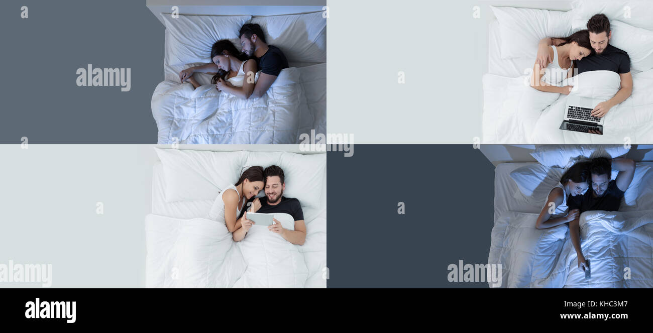 Jeune couple dans la chambre à coucher, d'une connexion avec un ordinateur portable et de regarder la télévision, style de concept, ensemble de bannières Banque D'Images