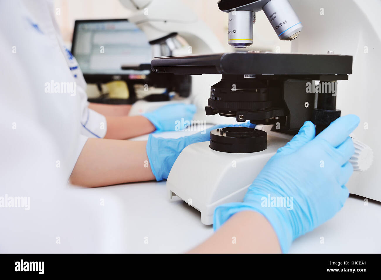 Un infirmier ou scientifique examine les bactéries dans un microscope Banque D'Images