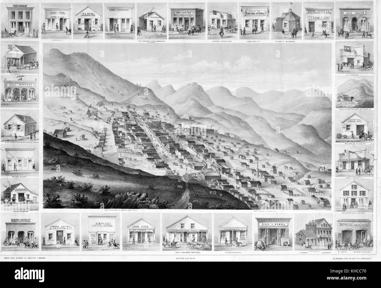 Une gravure d'une illustration de Virginia City vue de dessus, plusieurs dizaines de bâtiments peuvent être vus parmi les collines du paysage, l'illustration de la ville elle-même est entourée d'illustrations individuelles de bâtiments notables dans la ville elle-même, territoire du Nevada, 1861. De la Bibliothèque publique de New York. Banque D'Images
