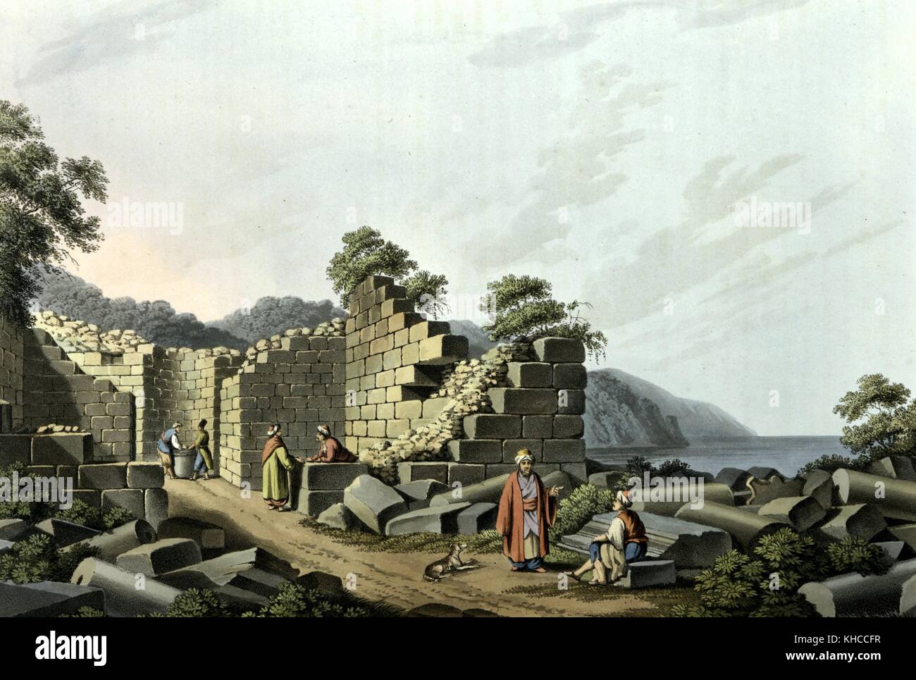 Ruines de l'ancien temple sur l'île de Samos, gravure de Luigi Mayer, 1805. De la Bibliothèque publique de New York. Banque D'Images
