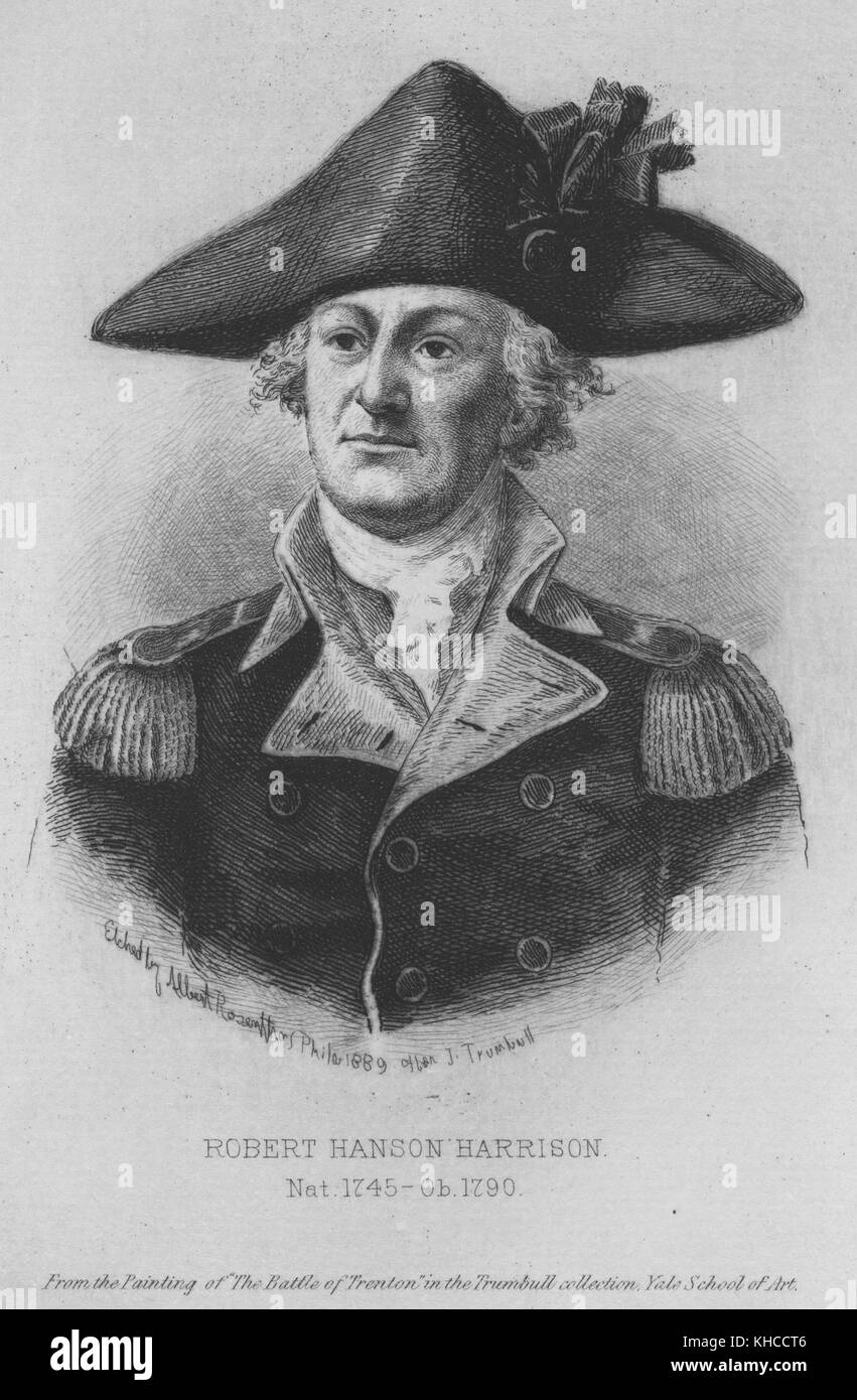 Une gravure d'un portrait du lieutenant-colonel Robert H Harrison, vêtu d'un uniforme militaire, servi comme assistant du général Washington pendant la guerre d'indépendance et finalement devenu le secrétaire militaire, contient des imprimés précisant ses années de naissance et de mort, Washington, DC, 1900. De la bibliothèque publique de New York. Banque D'Images