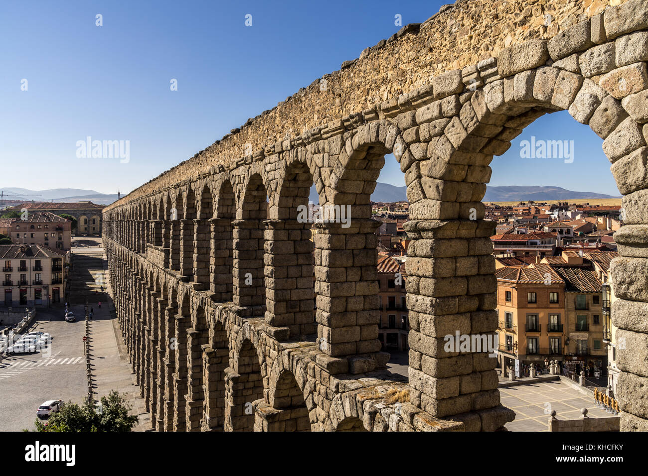 L'ancien pont de l'aqueduc romain de Ségovie en Espagne. Banque D'Images