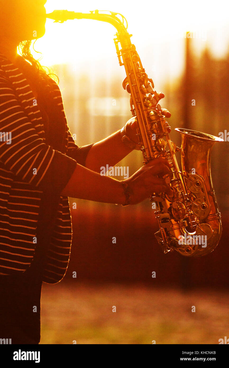 Photo verticale d'une saxophoniste femelle pendant le coucher du soleil Banque D'Images