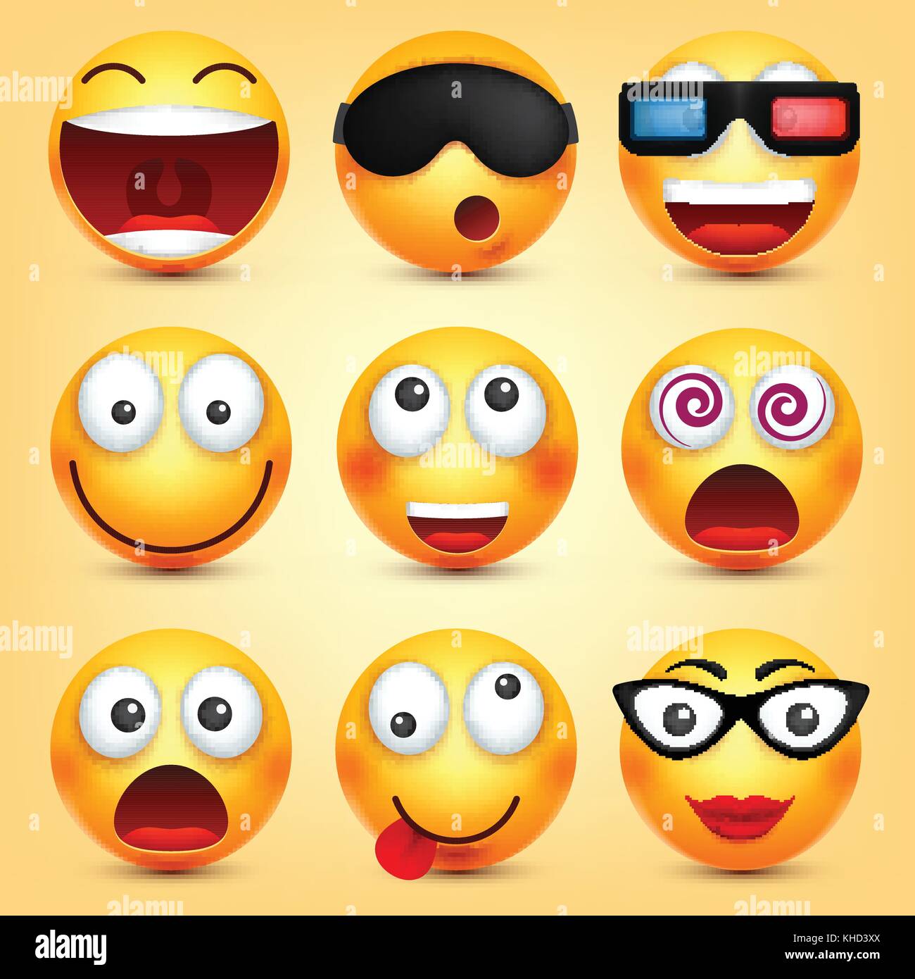 Smiley émoticônes,set. avant jaune avec des émotions. l'expression du visage. 3D réaliste. emoji funny cartoon character.humeur. web icon. vector illustration. Illustration de Vecteur