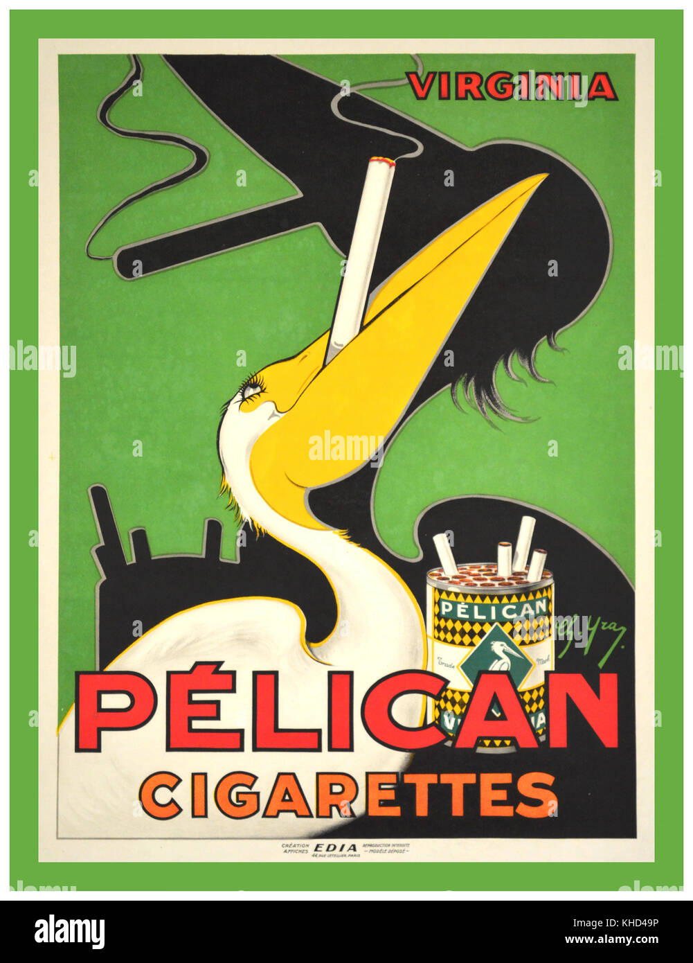 Fumer ART 1920 Vintage Art Déco des années 1920 de l'affiche française Virginie Pelican cigarettes Fumer Banque D'Images