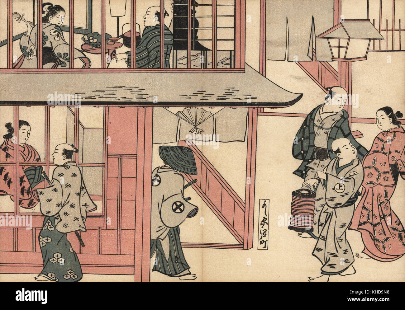 Samurai à pied passé Les courtisanes dans la maisons de thé, une courtisane reçoit un client à l'étage, et un homme avec une lanterne guides un couple dans la rue. En scène Kyomachi Yoshiwara. Gravure sur bois par Okumura Masanobu (1686-1764), Photo de Fuzoku Emakimono Faire défiler du commerce de l'eau, Tokyo, réimpression vers 1880. Banque D'Images