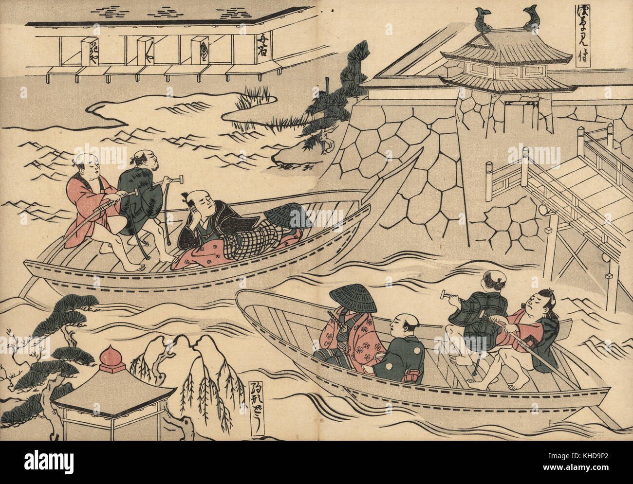 Samurai traversant la rivière (à Akasaka Mitsuke) dans un bateau en route pour le plaisir Yoshiwara trimestres. Gravure sur bois par Okumura Masanobu (1686-1764), Photo de Fuzoku Emakimono Faire défiler du commerce de l'eau, Tokyo, réimpression vers 1880. Banque D'Images