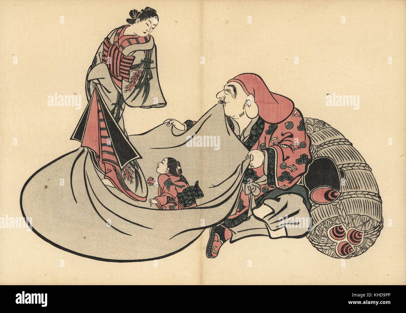 Dieu japonais avec Daikokuten courtisane et kamuro (jeune fille de ménage). Gravure sur bois par Okumura Masanobu (1686-1764), Photo de Fuzoku Emakimono Faire défiler du commerce de l'eau, Tokyo, réimpression vers 1880. Banque D'Images