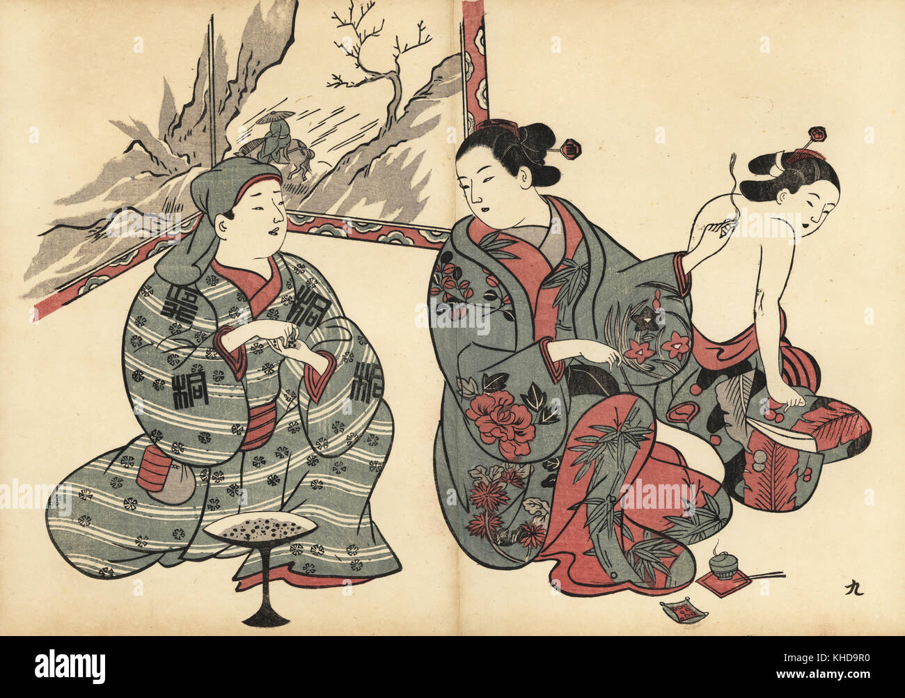 Le traitement d'une courtisane femme avec la moxibustion, la combustion de l'armoise (moxa) sur sa peau. Gravure sur bois par Okumura Masanobu (1686-1764), Photo de Fuzoku Emakimono Faire défiler du commerce de l'eau, Tokyo, réimpression vers 1880. Banque D'Images