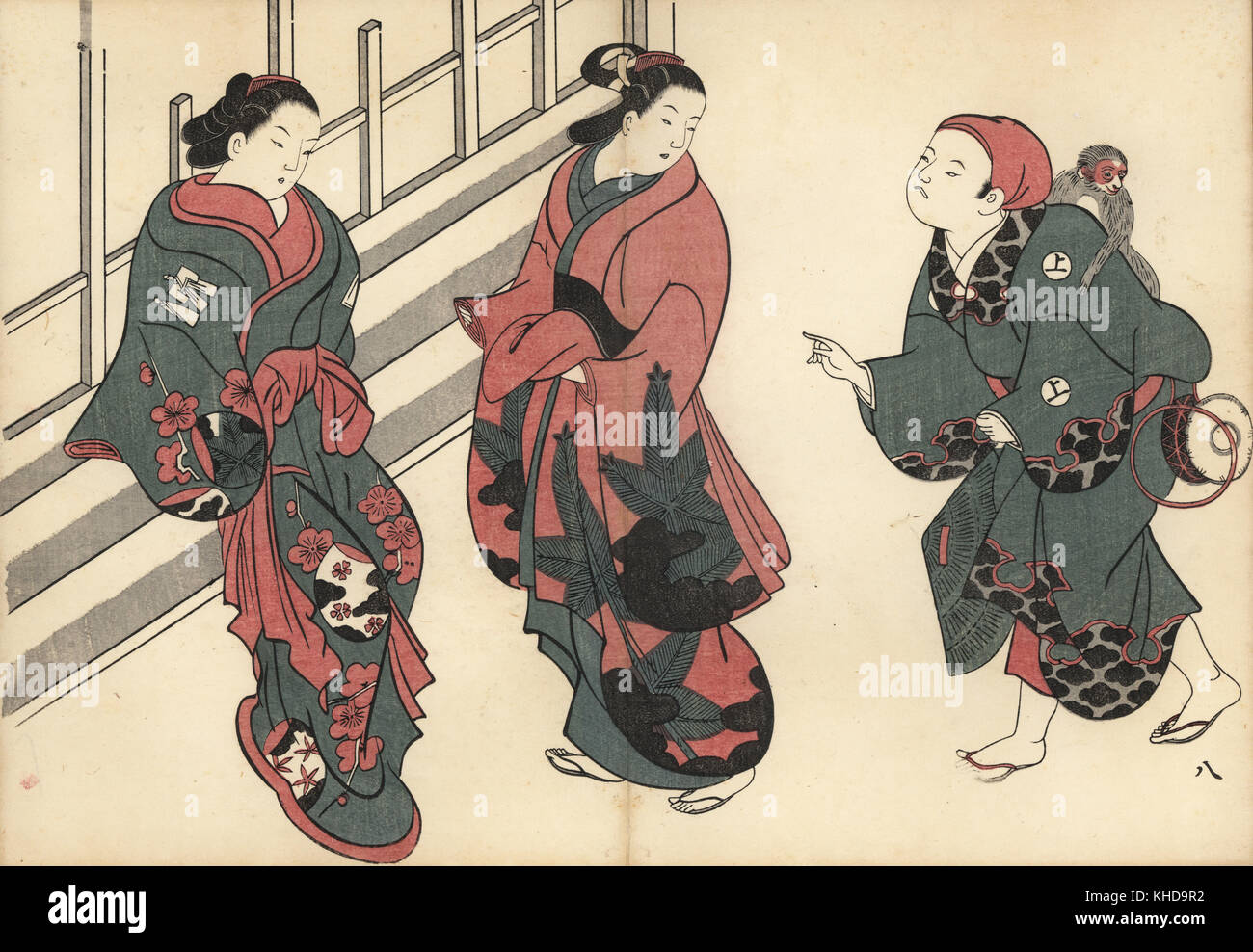 Les courtisanes et un artiste de rue avec l'exécution d'monkey en face d'une prescription des passants dans les quartiers de plaisir. Gravure sur bois par Okumura Masanobu (1686-1764), Photo de Fuzoku Emakimono Faire défiler du commerce de l'eau, Tokyo, réimpression vers 1880. Banque D'Images