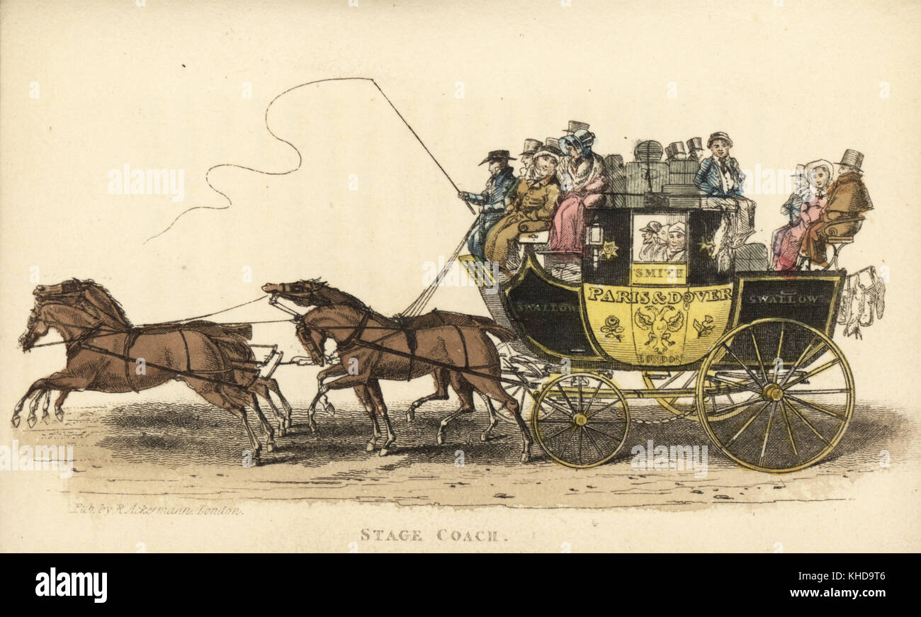 Paris & Dover Stagecoach avec quatre chevaux, cocher avec fouet, valet de pied, et les passagers à l'intérieur du chariot et à l'extérieur. Coloriée à la gravure sur cuivre de William Henry Pyne est le monde en miniature : l'Angleterre, l'Écosse et l'Irlande, Ackermann, 1827. Banque D'Images