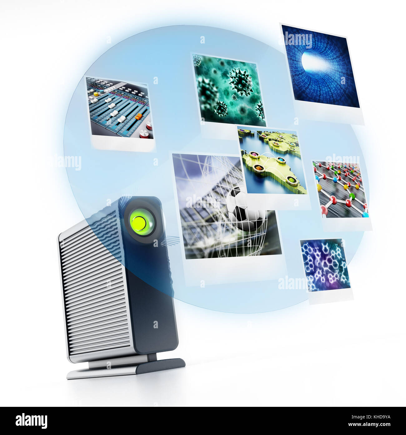 Disque dur externe avec des projections de photos. 3d illustration. Banque D'Images