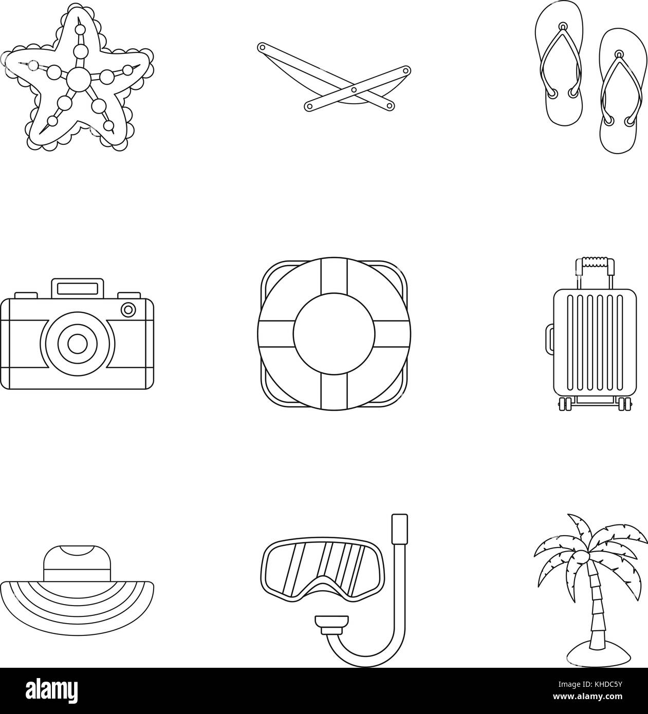Vacances de plage, style contour icons set Illustration de Vecteur