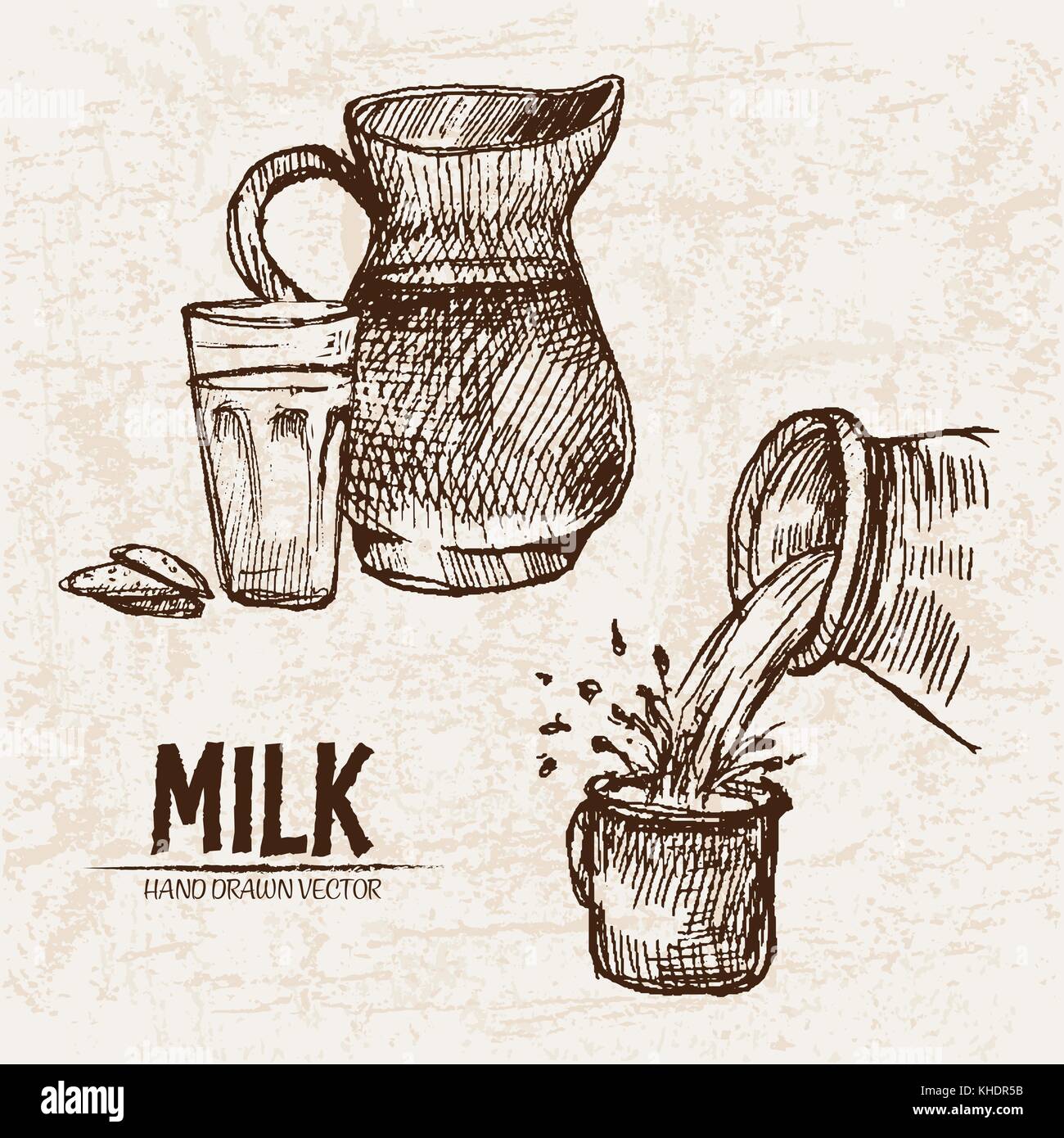 Vecteur ligne numérique détaillée art pouring milk pitcher et splash hand drawn retro illustration collection. mince crayon artistique contour. vintage je Illustration de Vecteur