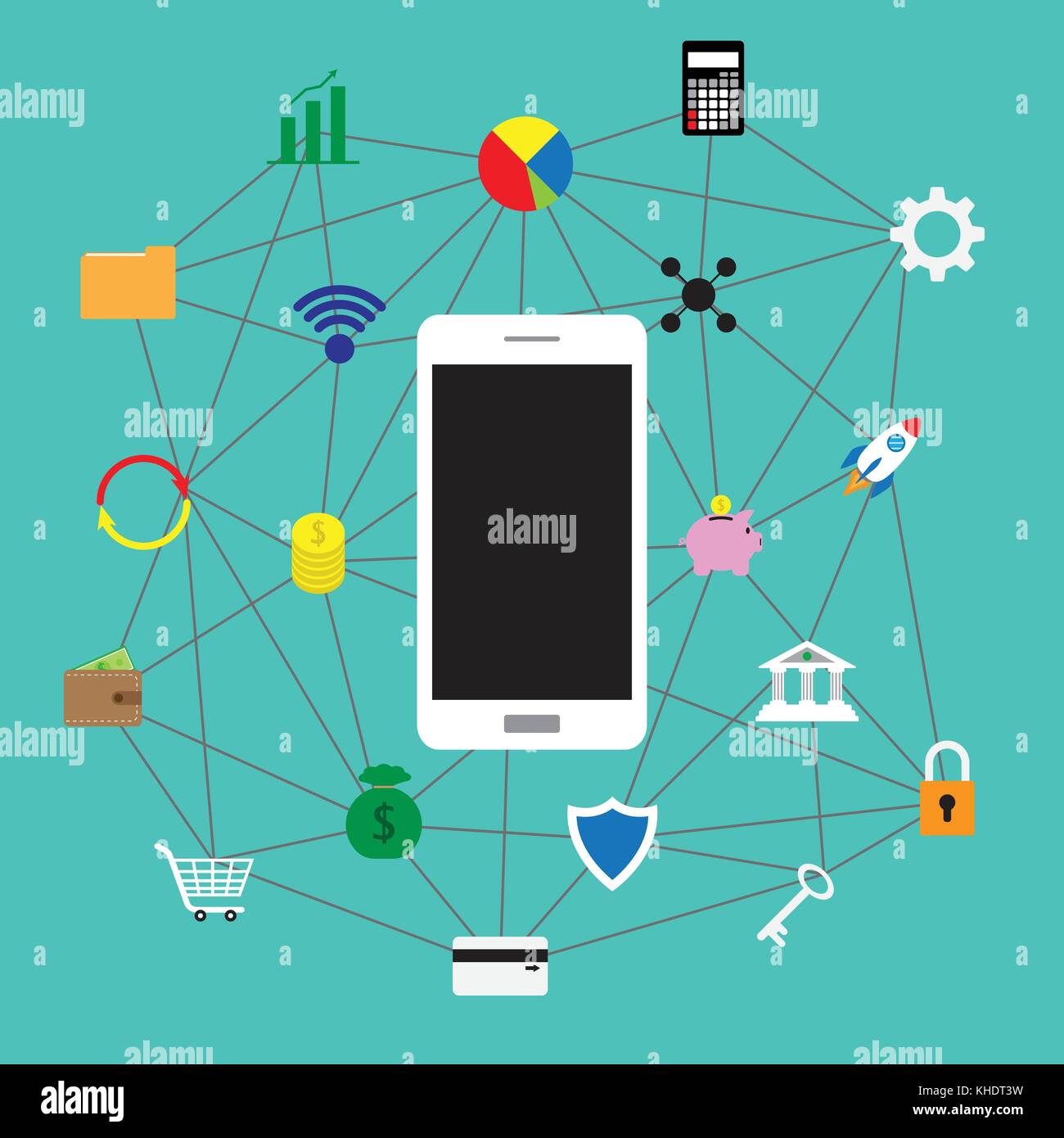 Vector illustration de smartphone blanc entouré de fintech colorés télévision icônes sur fond vert en impliquant la technologie financière, bancaire. Illustration de Vecteur