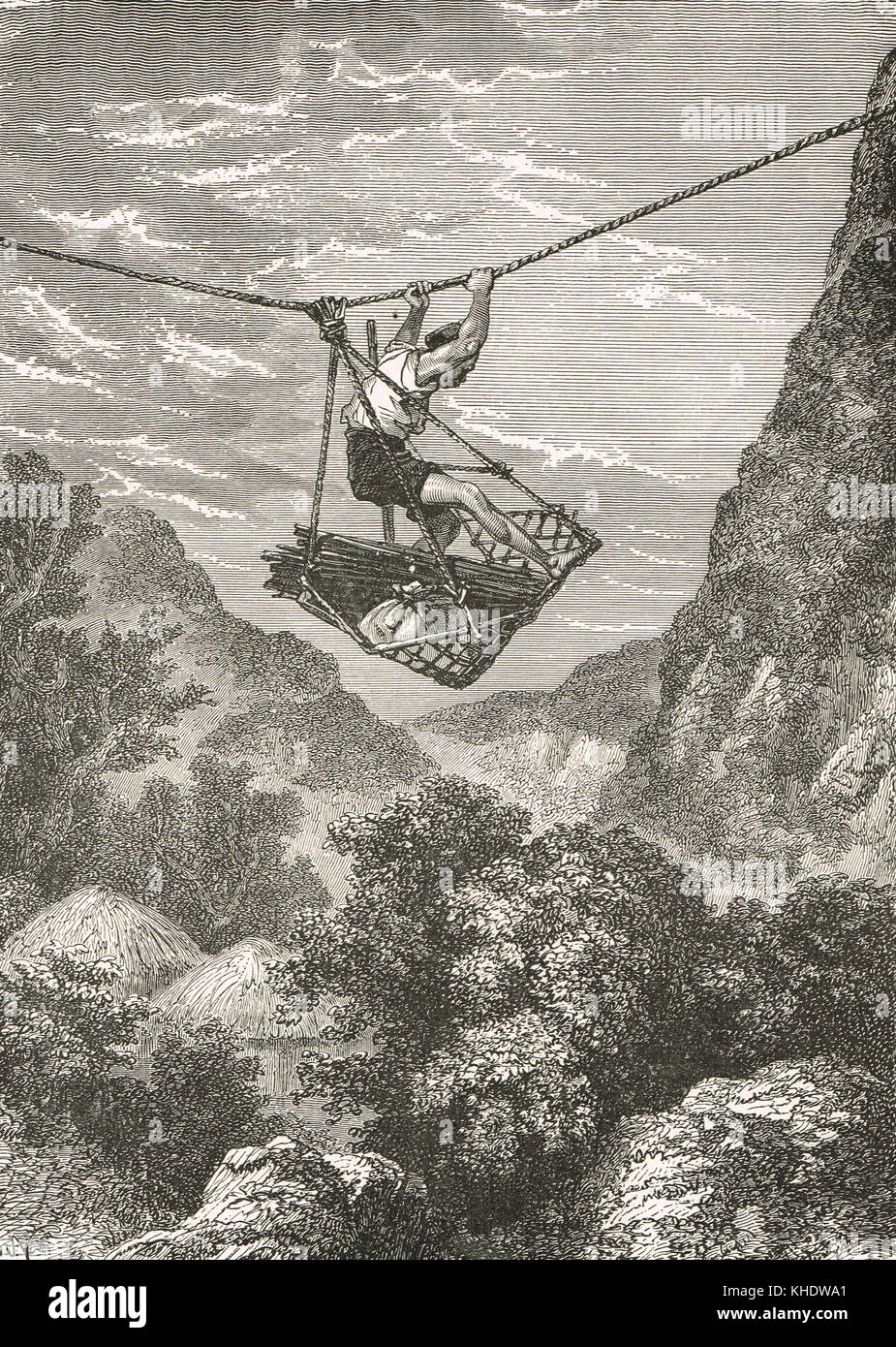 Traversée d'un pont de corde japonais, XIXe siècle Banque D'Images