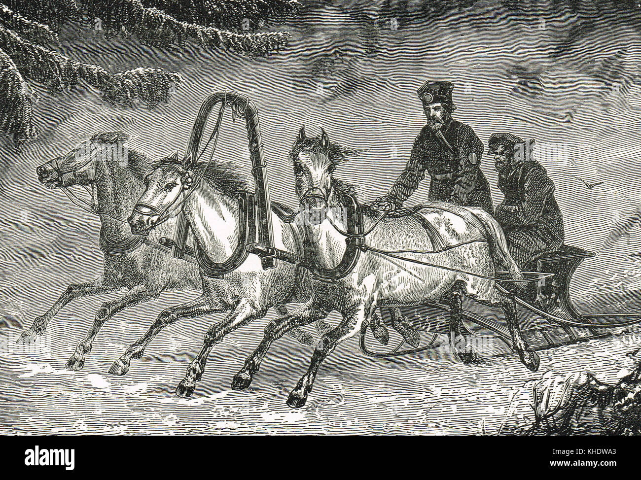 Luge russe livrant un poste dans la neige, 19e siècle Banque D'Images