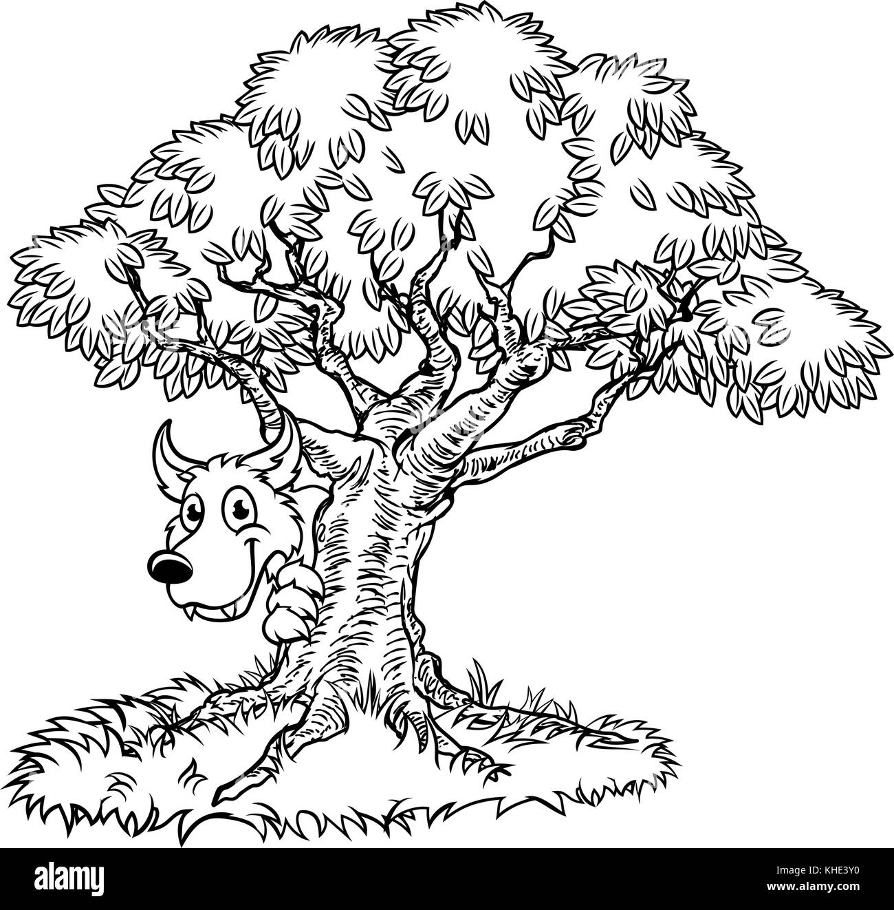 Conte de fées Big Bad Wolf et Tree Cartoon Illustration de Vecteur