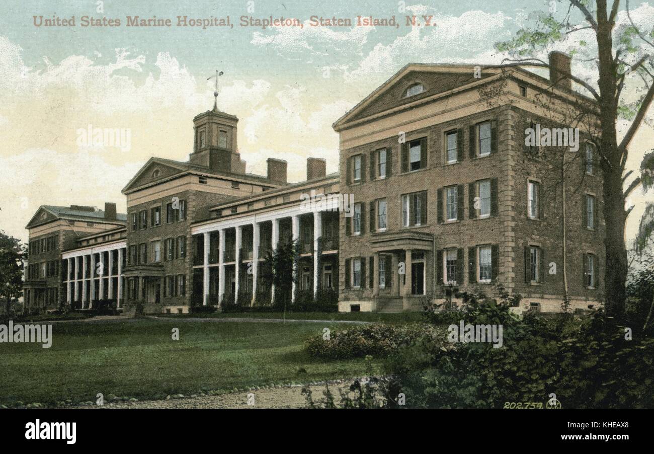 Carte postale colorée à la main marquée United States Marine Hospital, Stapleton, Staten Island, New York, offrant une vue panoramique sur l'hôpital, 1900. De la bibliothèque publique de New York. Banque D'Images
