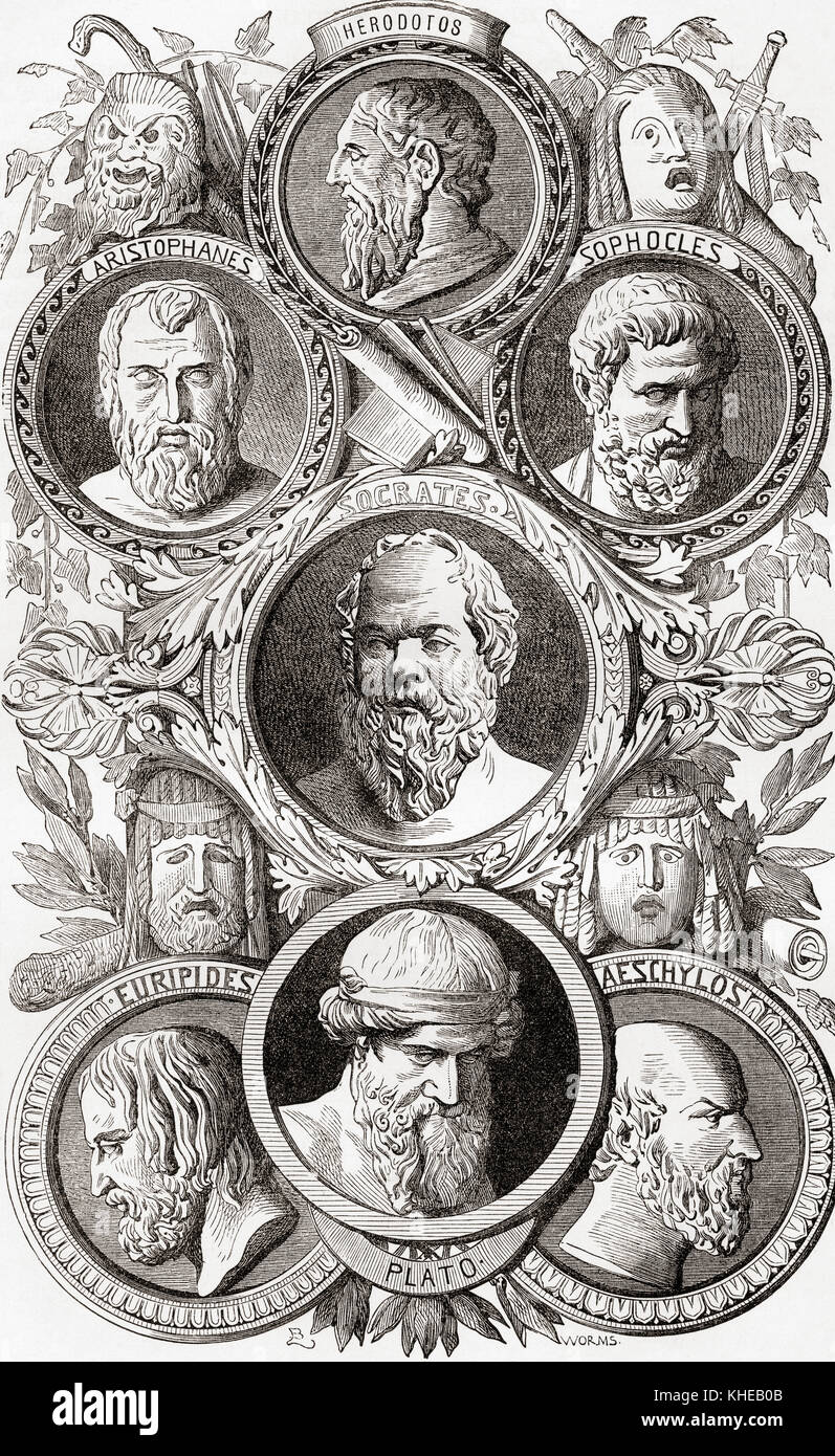 Historiens, philosophes et dramatistes de la Grèce antique. Aristophanes, c. 446 – c. 386 C.-B. Dramaturge comique. Herodotus, historien grec. Sophocles, c. 497/6 – c. 406/5 C.-B. Dramatiste grec ancien. Socrates, 470/469 – 399 C.-B. Philosophe grec classique. Euripides, c. 480 – c. 406 C.-B. Dramatiste grec ancien. Platon, c. 428/423 – c. 348/347 C.-B. Philosophe grec ancien. Aeschylus, c. 525/524 – c. 456/455 C.-B. Dramatiste grec ancien. De Ward et Lock's Illustrated History of the World, publié vers 1882. Banque D'Images