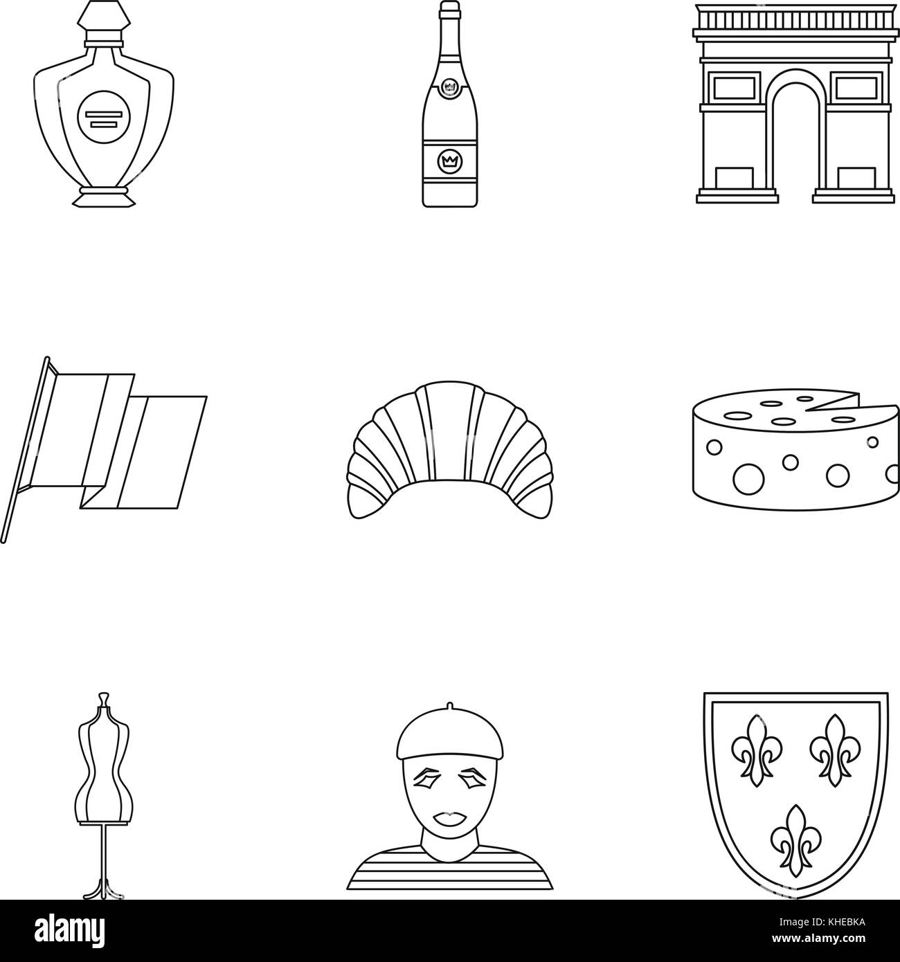 Tourisme en france icons set style du contour, Illustration de Vecteur