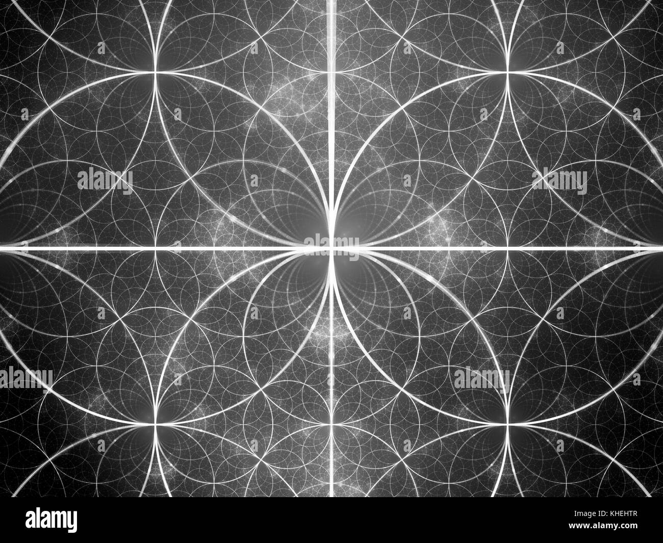 Fractale symétrique, cercles lumineux généré par ordinateur résumé fond, noir et blanc, de texture de rendu 3D Banque D'Images