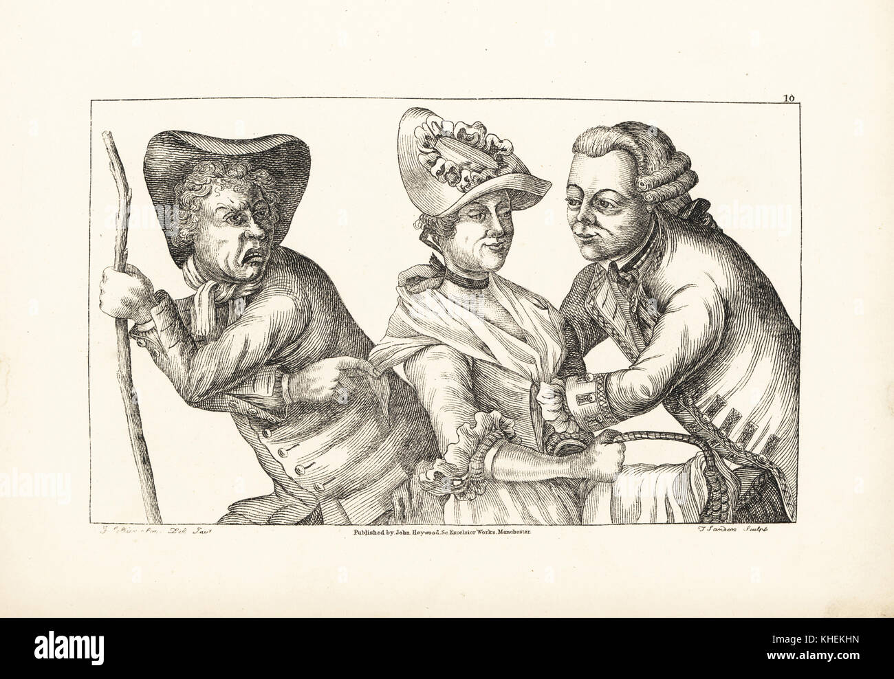 Le capitaine Plume séduisant pays vénom Rose, alors que son frère taureau tente de mettre en garde contre lui. La satire de George Farquhar's play le recruteur. La gravure sur cuivre par Thomas Sanders après une illustration satirique par John Collier (Timothy Bobbin) de passions humaines délimitées, John Haywood, Manchester, 1773. Banque D'Images