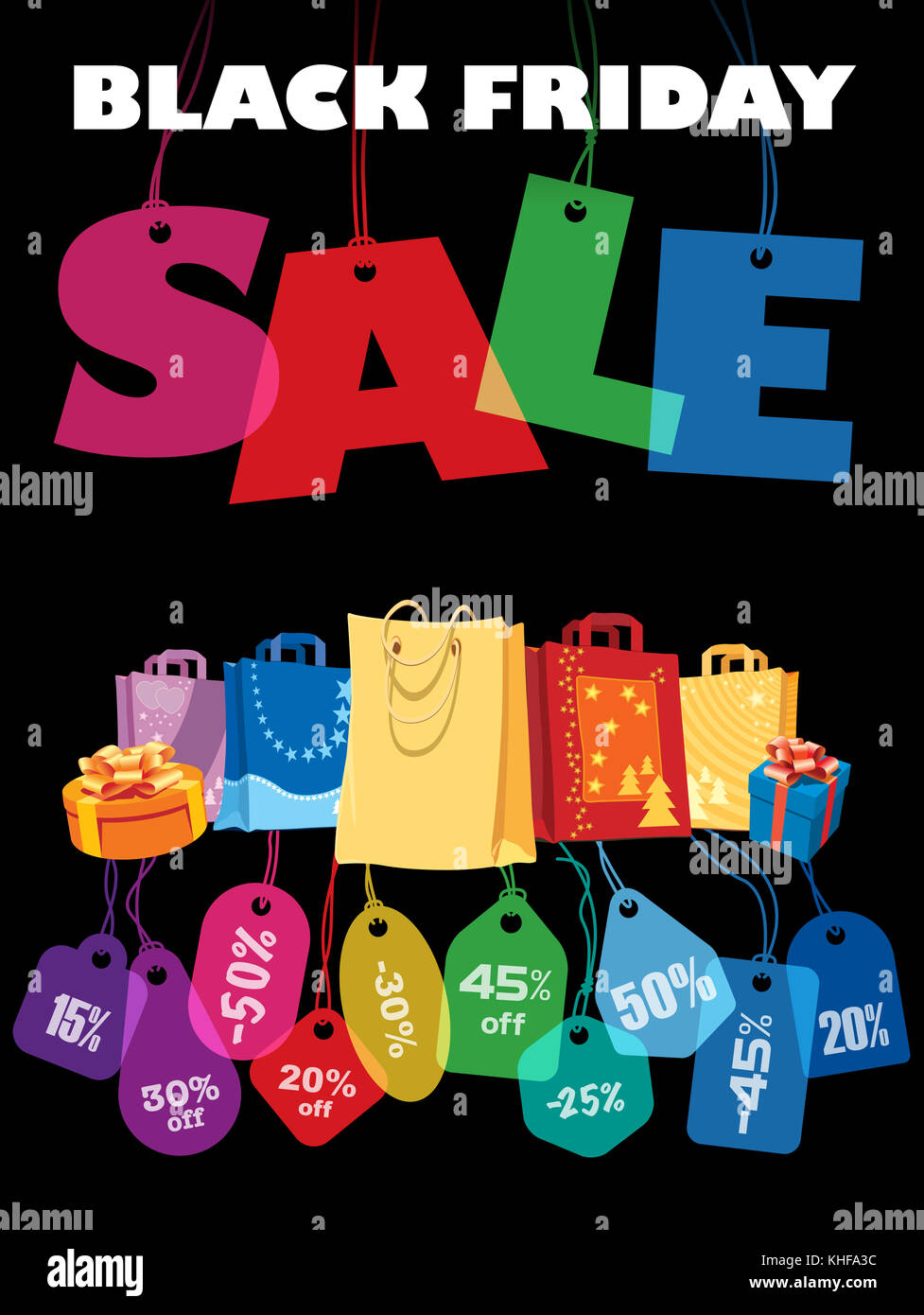 Vendredi noir la vente. tags : colorés et des sacs. création de modèle sur fond noir Banque D'Images