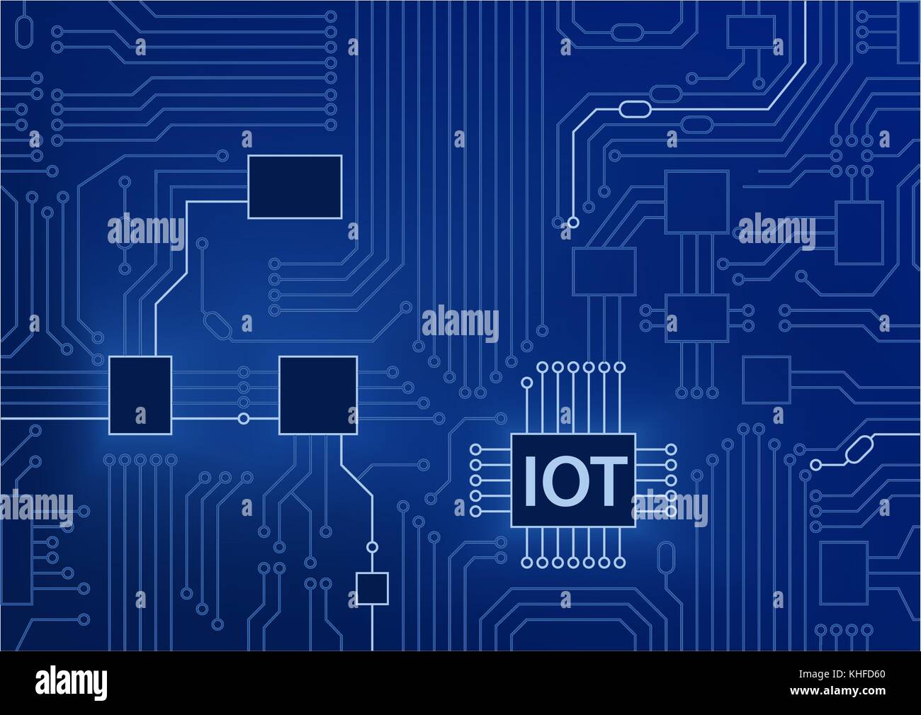 Iot texte apparaissant sur la carte à circuits imprimés, fond bleu. internet des objets concept vector illustration Illustration de Vecteur