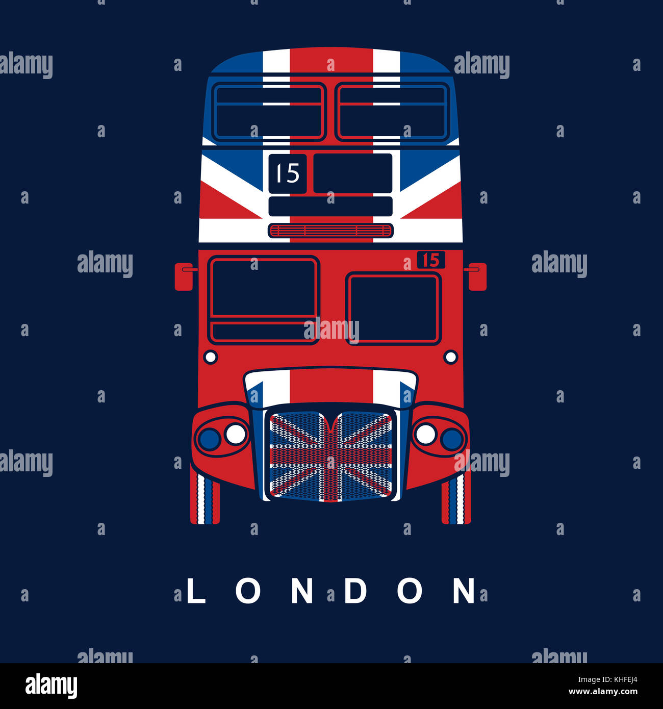 Symbole de Londres - bus rouge à impériale - l'icône avec le drapeau Union Jack britannique - illustration - silhouette, style pochoir Banque D'Images