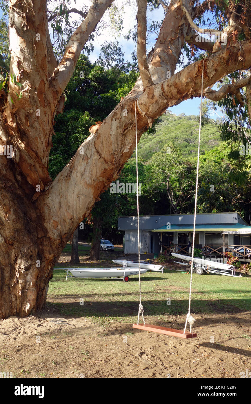 De swing rustique à la plage du Yacht Club Cairns Division, Ellis Beach, près de Cairns, Queensland, Australie. Pas de PR Banque D'Images