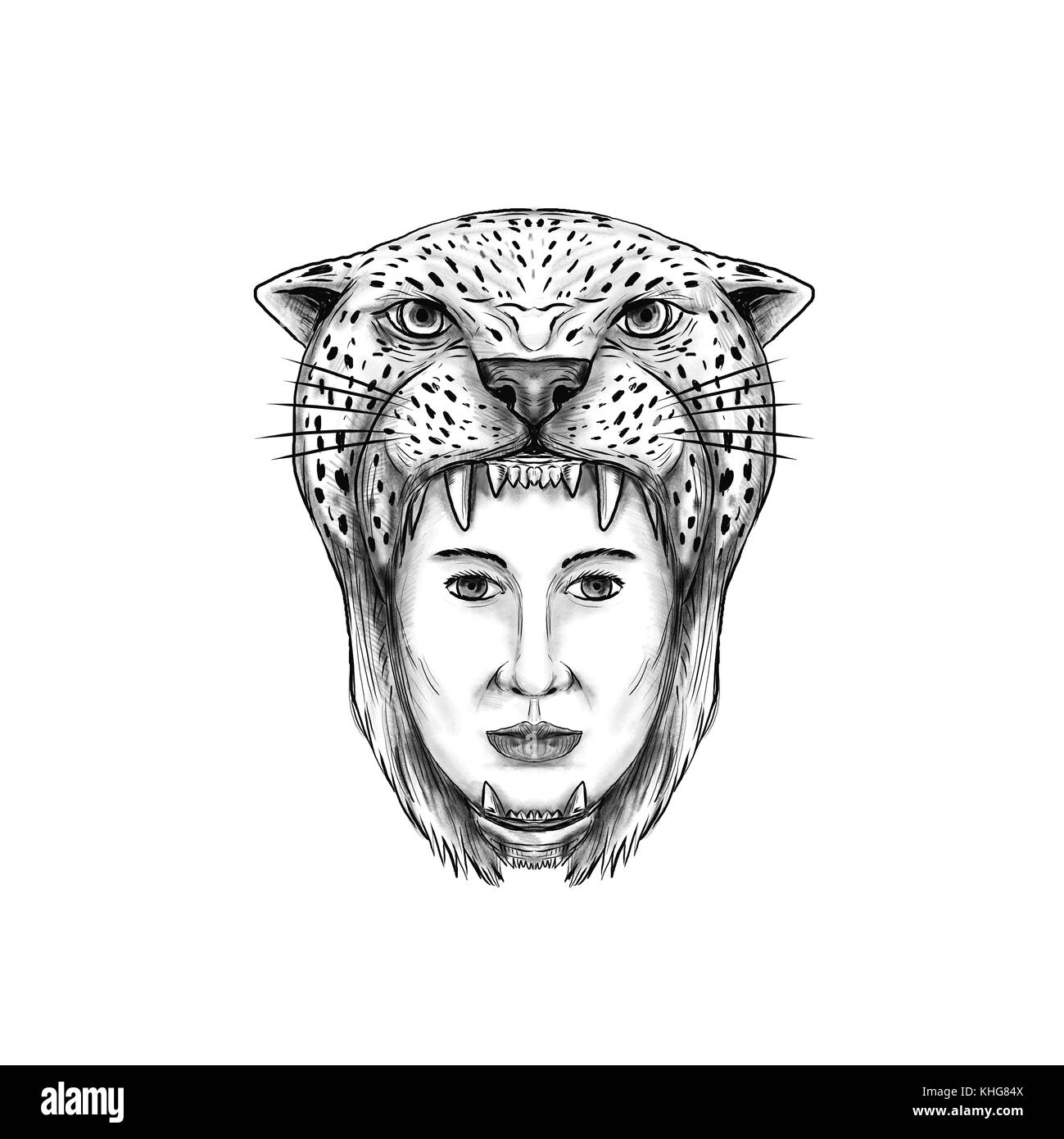 Illustration d'un style de tatouage Amazon warrior portant une coiffe jaguar vue de l'avant. Banque D'Images