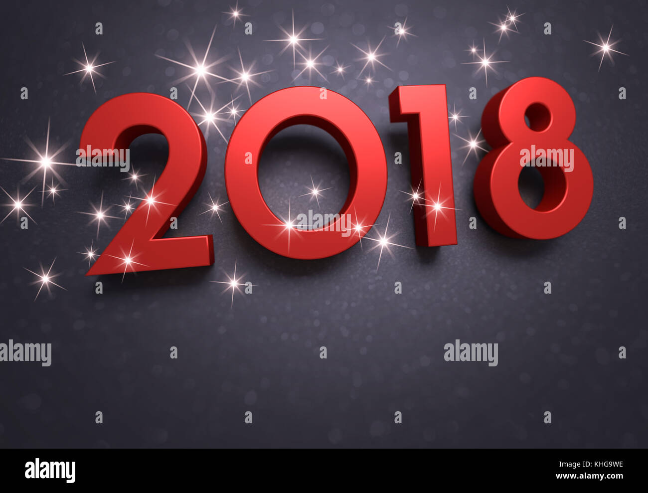 Date de l'an 2018 en rouge, scintillant sur un fond noir - 3d illustration Banque D'Images
