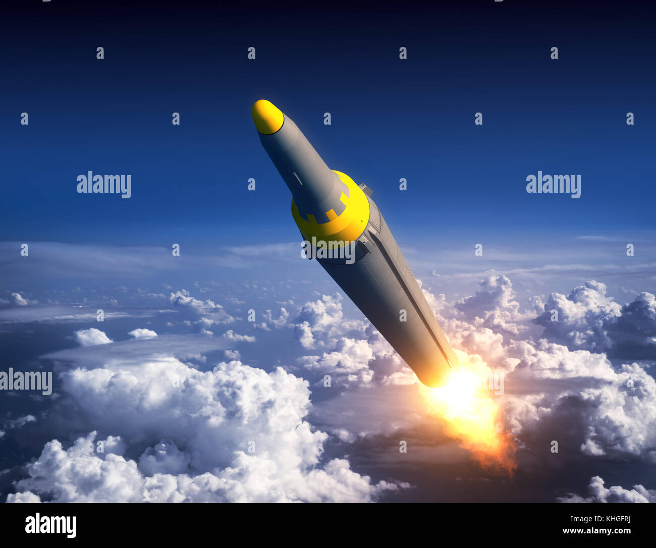 Fusée balistique de la Corée du Nord dans le ciel bleu Banque D'Images
