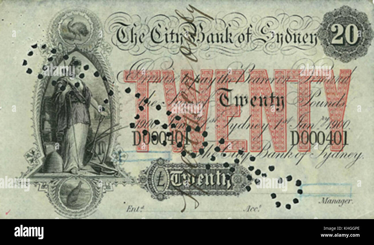Ce billet historique de 20 livres de la City Bank of Sydney présente la monnaie utilisée au début du XXe siècle en Australie, reflétant le design et la valeur de cette époque. Banque D'Images