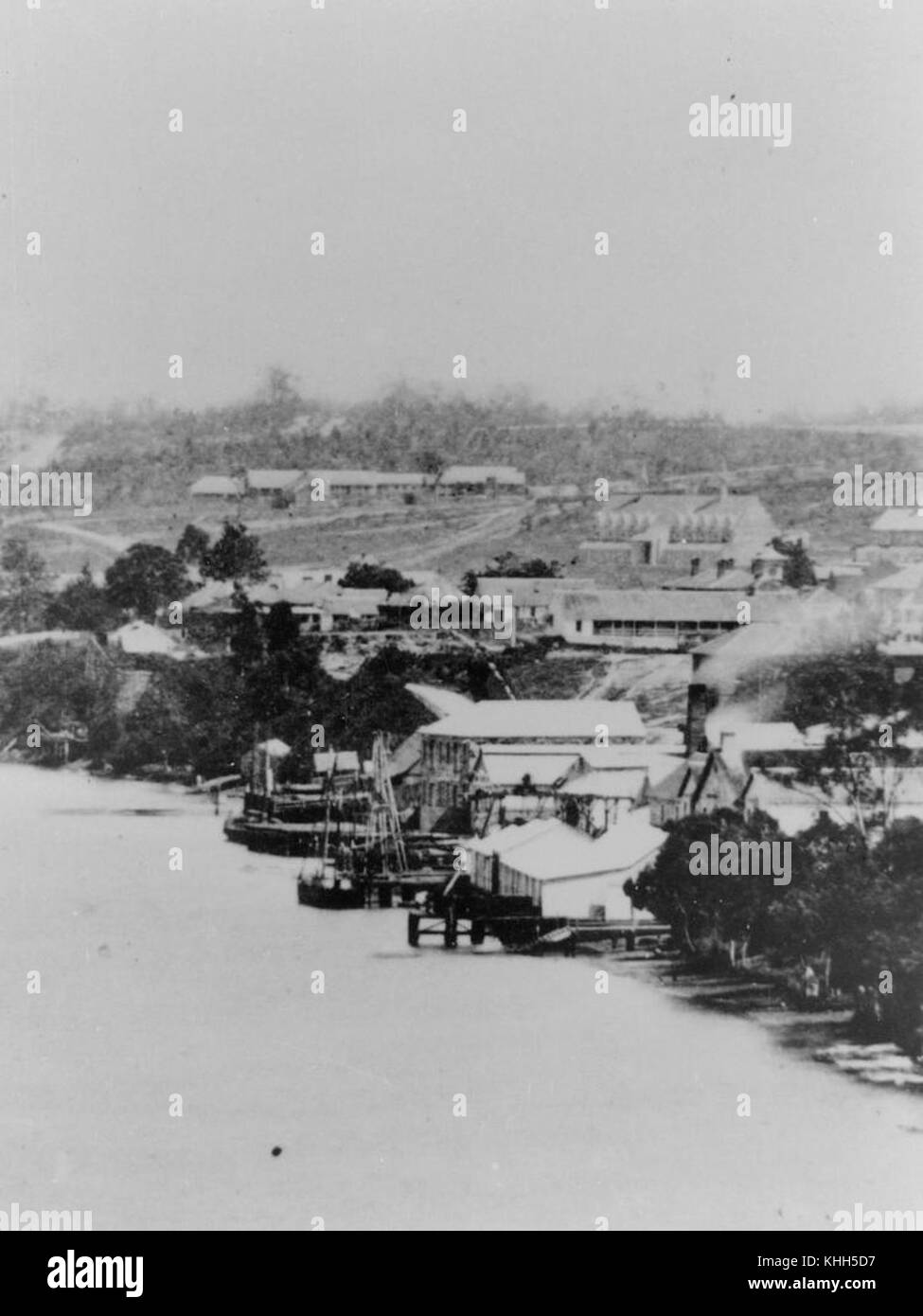 1186935 bâtiments sur les rives de la rivière Brisbane en aval du point de jardins, ca. 1840 Banque D'Images