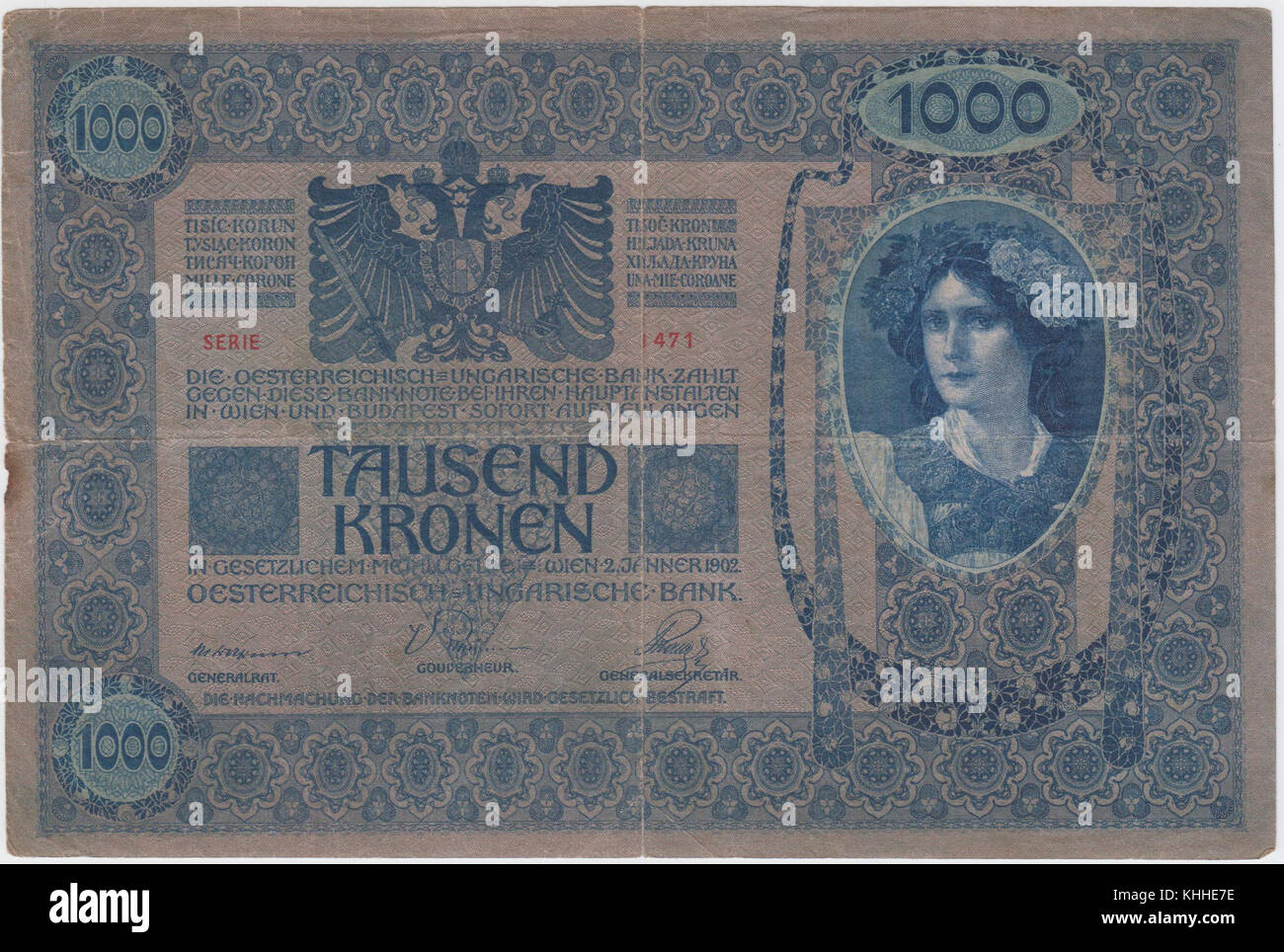 L'image montre le côté avers de la pièce AHK 1000 de 1902, une monnaie historique avec une valeur numismatique significative. Le dessin et les inscriptions reflètent l'origine et la période de circulation de la pièce. Banque D'Images