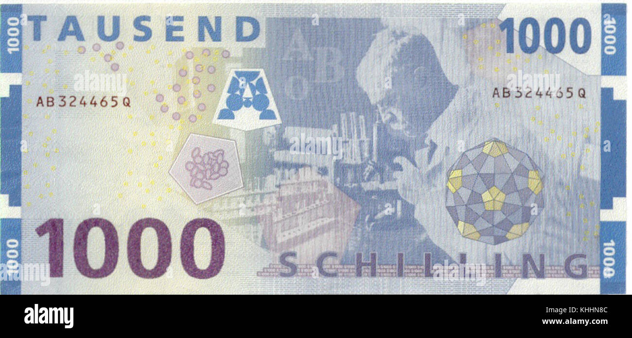 Cette image montre le verso d'un billet Schilling de 1000, avec le portrait de Karl Landsteiner. Connu pour sa découverte des groupes sanguins, l’héritage de Landsteiner en médecine est mis en évidence sur cette monnaie. Banque D'Images